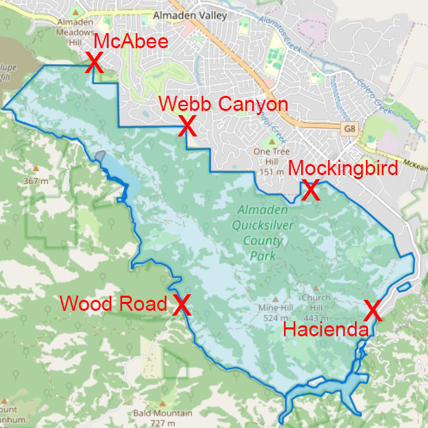 Map of Almaden Quicksilver Park showing trail entrances.