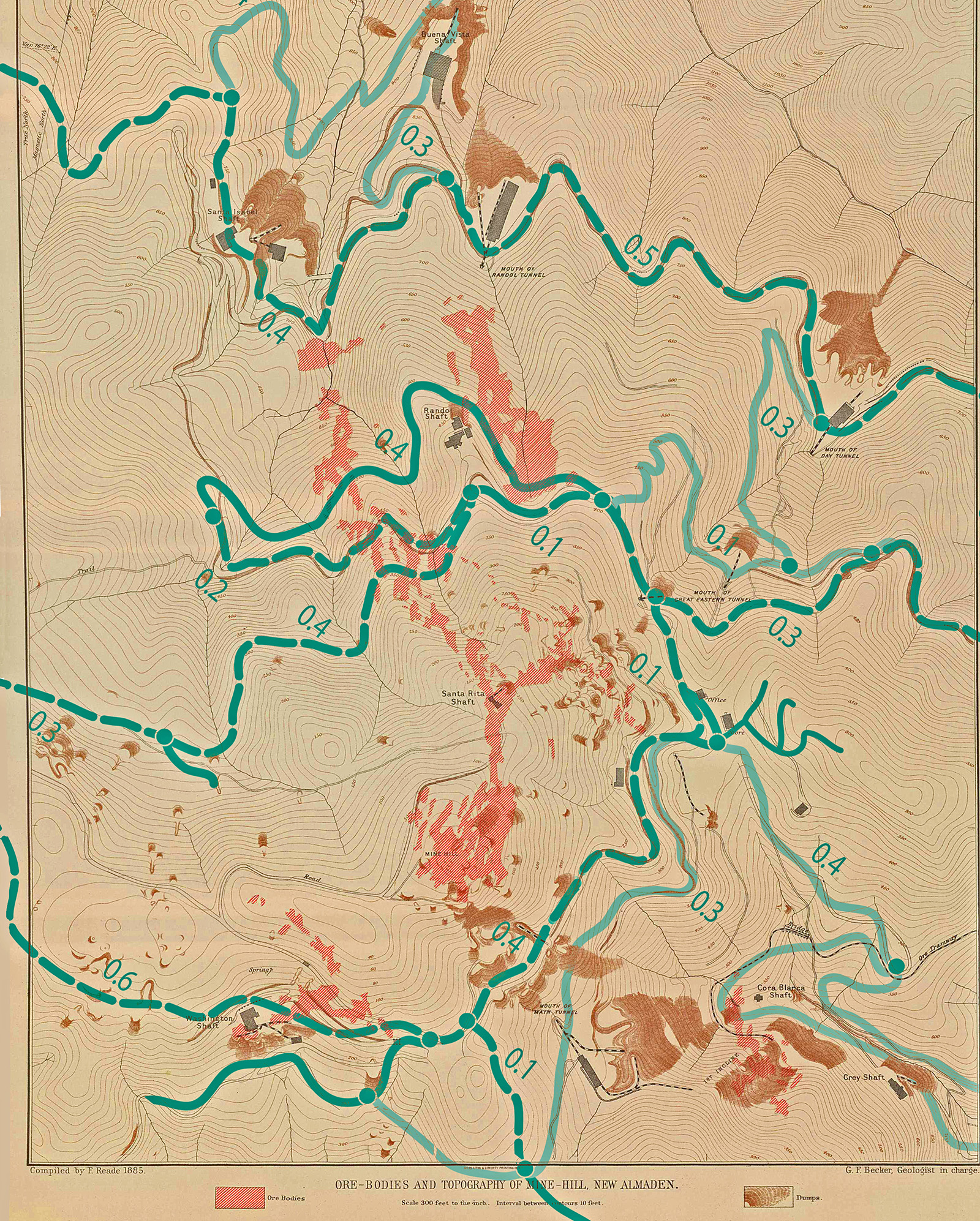 Ore bodies of Mine Hill, c. 1885